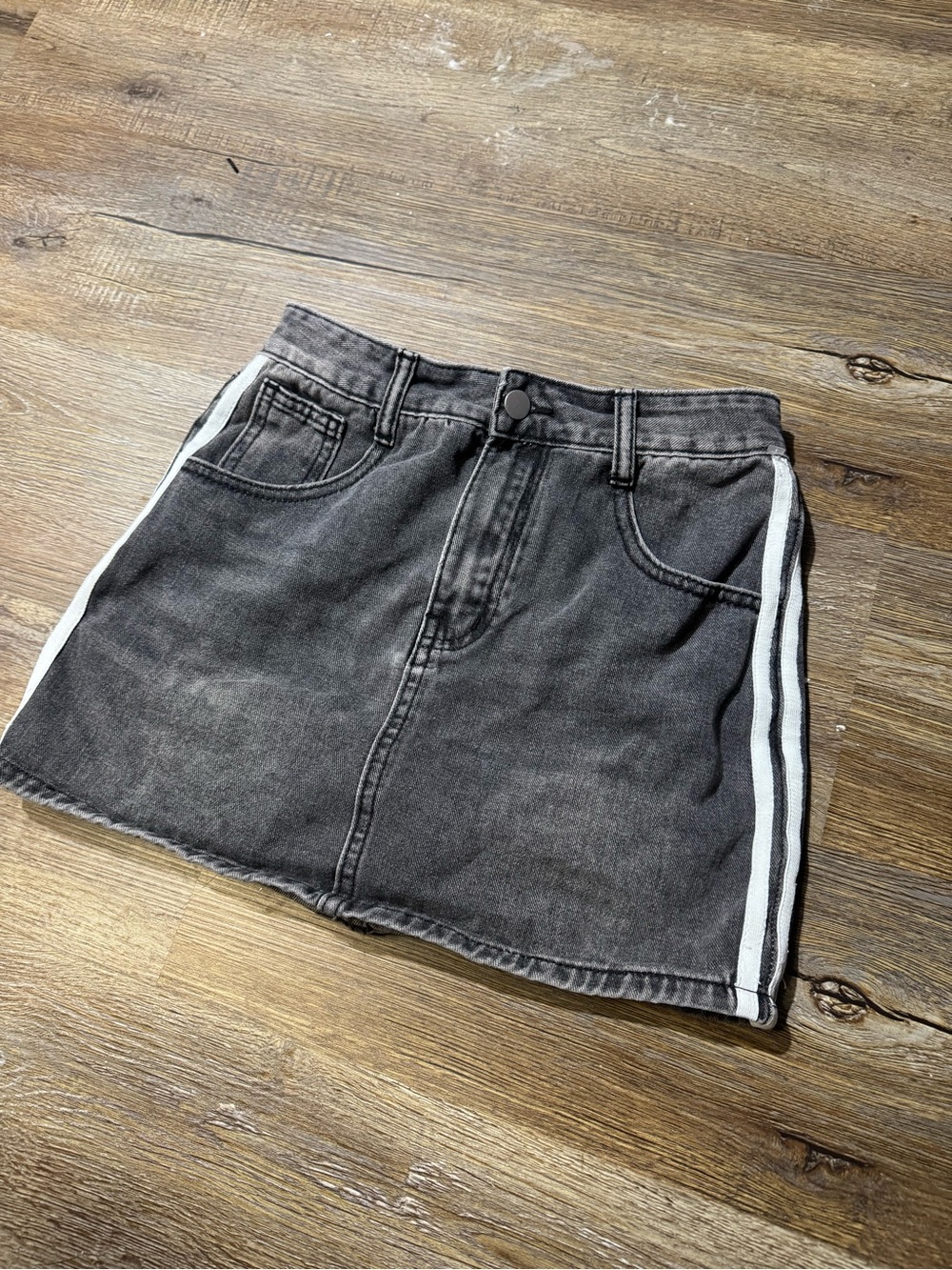 Women's Charcoal Denim Mini Skirt with White Side Stripes - Picture 1 of 4
